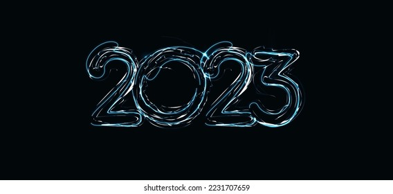 2023 numbers with magic luminous lightning contour. Happy New Year event poster, greeting card cover, 2023 calendar design, invitation to celebrate New Year and Christmas. Vector illustration