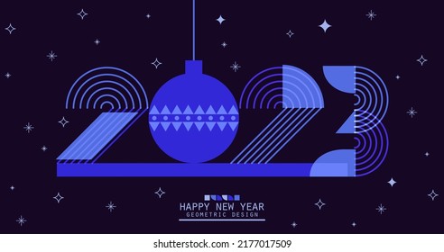 2023 numbers in minimalist style. New Year sign with lines and simple geometric shapes. Christmas card with blue color ball with snowflakes Bauhaus flyer. Vector 2d illustration on white background.