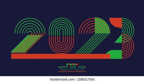 2023 Zahlen im minimalistischen Stil. Neujahrszeichen mit Linien und einfachen geometrischen Formen. Weihnachtskarte mit roter und grüner Dekoration. Kunstflyer Bauhaus. Vektorgrafik 2d auf dunklem Hintergrund.