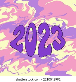 2023 numbers on abstract trippy background. New Year 2023 lettering vibrant poster. Vector illustration in trendy psychedelic design. Fluid art square backdrop