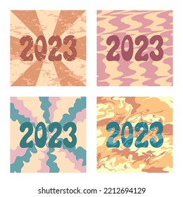 2023 numbers on abstract trippy backgrounds. Vector set of square trendy illustrations. Groovy, retro and psychedelic design. Social media 2023 post templates collection.