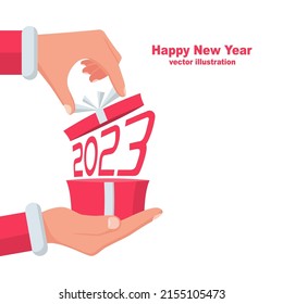 2023. Numbers red. Vector illustration flat design. Isolated on white background. Gift from Santa Claus. Santa Claus holding red gift box in hand, shows open gift. Merry Christmas.