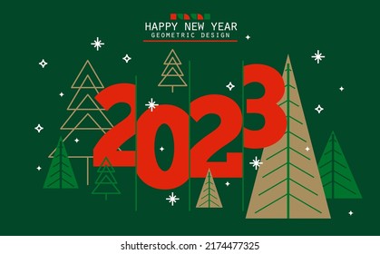 Números de 2023 y árbol triangular de Navidad de estilo minimalista. Signo de Año Nuevo con líneas y formas geométricas simples. Tarjeta de navidad vectorial con números rojos sobre fondo verde. Volante de arte Bauhaus.