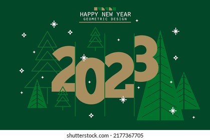 2023 numbers and triangular Christmas tree in minimalist style. New Year sign with lines and simple geometric shapes. Vector Christmas card with gold numbersl on green background. Bauhaus art flyer.