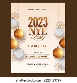 2023 NYE Party Flyer Or Invitation Card Decorated Realistic Baubles, Snowflakes And Venue Details.