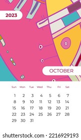 2023 October calendar abstract contemporary art vector. Desk screen desktop month 10, 2023, colorful 2023 calendar template agenda pattern. Psychedelic calendar day planner starts Sunday. October page