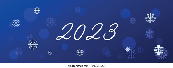 2023 sobre un fondo azul con un paisaje invernal con copos de nieve, luces, estrellas. Concepto creativo para banner, volante, portada, medios sociales. Feliz tarjeta navideña. Ilustración del vector