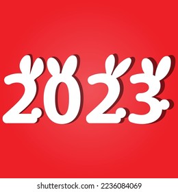 2023 auf rotem Hintergrund. Styled für das neue Jahr des Kaninchens. Kaninchen-Ohren, Vektorgrafik