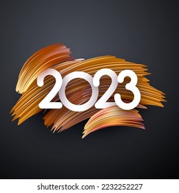 2023 on yellow gradient brush strokes background. New year design element.