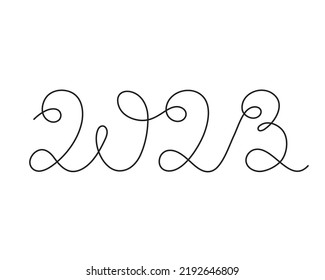 2023 one line art, hand drawn continuous contour. Holiday concept, festive lettering. New year handwriting text, sketch style, minimalist design. Editable stroke. Isolated. Vector illustration