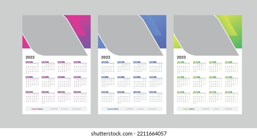 2023 Plantilla de diseño de un calendario de pared de una página, calendario moderno de una página de 12 meses