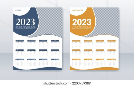 2023 One-page wall calendar design template,  12-month page calendar