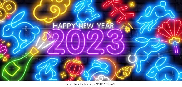 2023 Outline neon lunar rabbit icon. Neon 2023 new year background. Baby rabbit, festive bunny, funny hare for holiday, Mid Autumn festival and New Year.