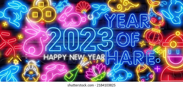 2023 Outline neon lunar rabbit icon. Neon 2023 new year background. Baby rabbit, festive bunny, funny hare for holiday, Mid Autumn festival and New Year.