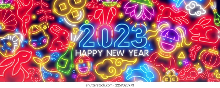 2023 Outline neon lunar rabbit icon. Neon 2023 new year background.