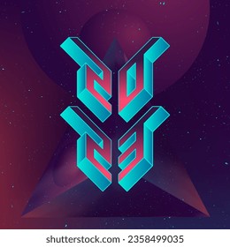 2023 party. Futuristic design poster with abstract elements in dark space. Illustration applicable for covers, placards, music posters and dj flyers. Figures and neon numbers levitating in outer space