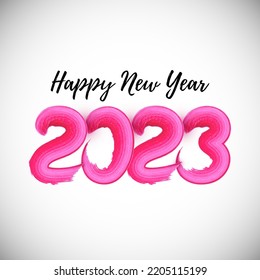 2023 Pink Brush Stroke. Hand Drawn Lipstick Smudge. Glossy Texture. Text Happy New Year. Isolated on White Background. Vector Illustration.