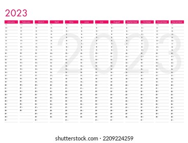 2023 Pink yearly planner. Horizontal wall calendar design template. Annual print planner, diary, activity template, with dates, days of the month and space for personal notes. Vector