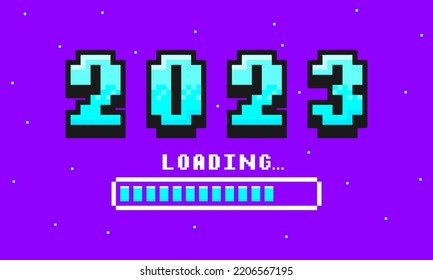 2023 pixel art banner for New Year. 2023 numbers in 8-bit retro games style and loading bar. Pixelated happy New Year and Merry Christmas holiday card or banner. Vector.