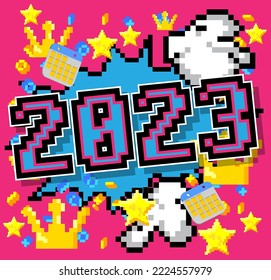 2023. Pixelated number with geometric graphic background. Vector cartoon illustration.