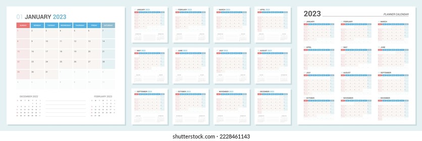 2023 Planner Calendar week start Sunday corporate design template vector.