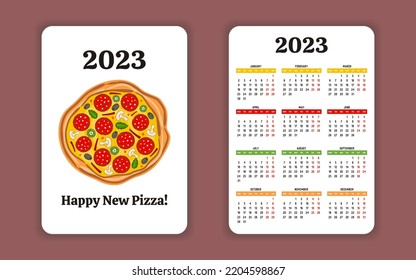 2023 Pocket Calendar template with quote about Pizza. 12 months yearly calendar set in 2023. Week starts on Monday. Vector illustration. Happy New Pizza
