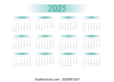 2023 pocket calendar template in strict minimalistic style with teal gradient elements, horizontal format. Week starts on Sunday