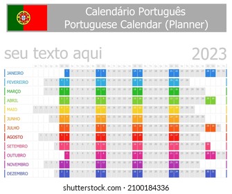 2023 Portuguese Planner Calendar with Horizontal Months on white background