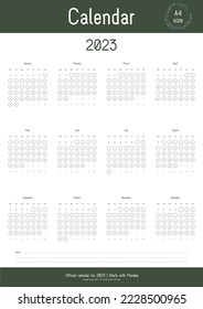 Plantilla de calendario A4 imprimible para 2023. La semana comienza el lunes. 