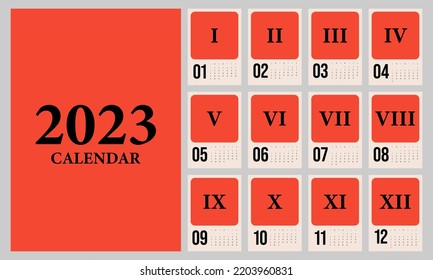 2023 printable monthly calendar template design, week starts on Sunday minimal style, vector illustration