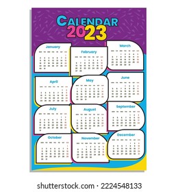 2023 purple and colorful calendar, for interior elements, one page calendar for simple souvenir