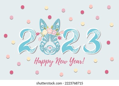 2023 with Rabbit head for Happy New Year poster, party invitation, postcard motive. Vector illustration.