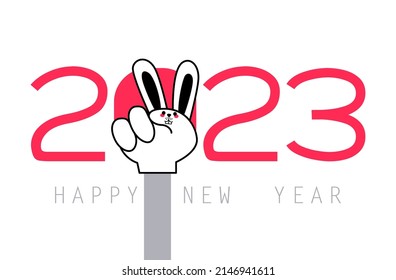 2023 and Rabbit. New year, Christmas, Chinese New year. Victory. Peace hand gesture. Two fingers up. Peace Sign Hand background. Vector Illustration. Hand showing two finger. V hand victory symbol