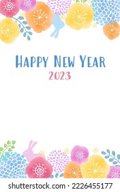 2023 Rabbit New Year's card Scandinavian-style watercolor touch flower and rabbit frame