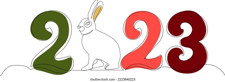 2023 and rabbit outline drawing in one continuous line, isolated, vector