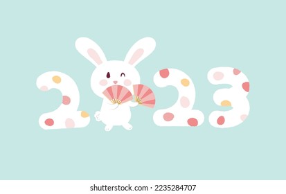 2023 rabbit year celebration. Fun happy rabbit wink eye hold chinese style fan dance pose. Rough flat style illustration vector.