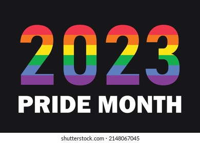 2023 in rainbow LGBTQ flag colors isolated on black background. Vector logo symbol of LGBTQ pride month 2023, template for banner, card, poster with text