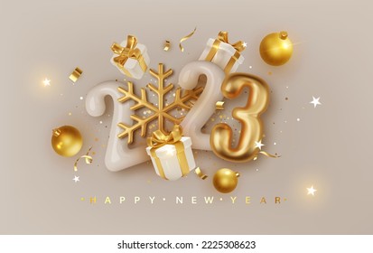 2023 realistic glossy 3d number with golden snowflake and gift boxes . Happy New Year and Merry Christmas 2023. Greeting card. Vector 3d rendering.