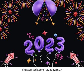 2023 realistic purple numbers with festive confetti, stars and spiral ribbons on a black background. vector holiday illustration. Happy New Year 2023. New Year Decoration. Tinsel decoration element