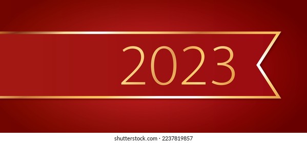 2023 - red colored new year ribbon banner with gold frame on red background