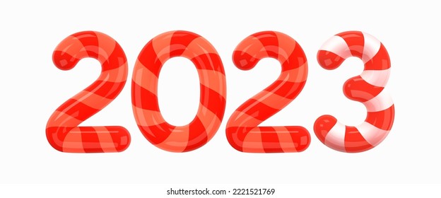 2023 Red and White Numbers with Red Ribbon Wrapping. Merry Christmas and Happy New Year 2023 greeting card template. Cartoon style numerals isolated on white background. 3d Vector illustration