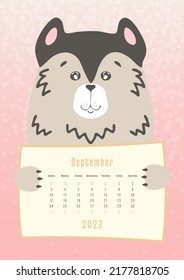 2023 september calendar, cute husky dog animal holding a monthly calendar sheet, hand drawn childish style
