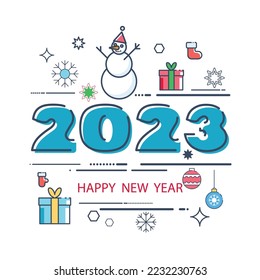 2023, set. Fine art, concept of new year 2023 banner. Blue numbers design. Line drawing, pattern, snowman, gifts, subjects. Holiday poster, white background. Christmas. Elements for calendar, greeting