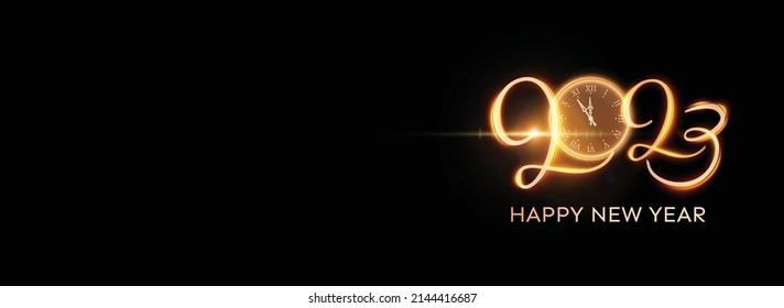 2023 shining letters with defocused bokeh lights festive holiday new year background for web banners template. Light writing beautiful hand written digits.
