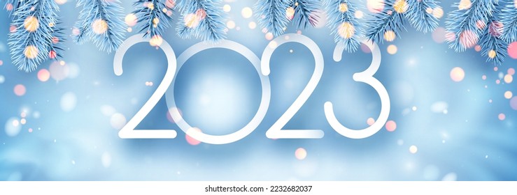 2023 sign with blue fir branches and bokeh. Vector holiday illustration.