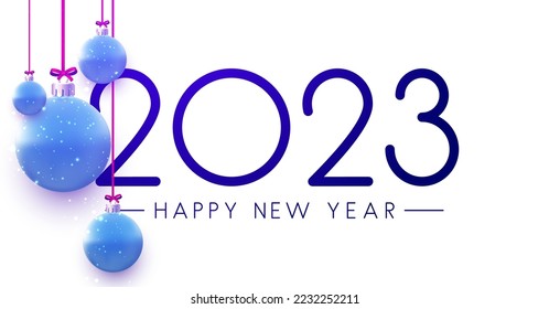 2023 sign with blue hanging baubles and snow. Vector holiday illustration.