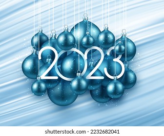 2023 sign in with blue hanging baubles on brush strokes background. Vector holiday illustration.