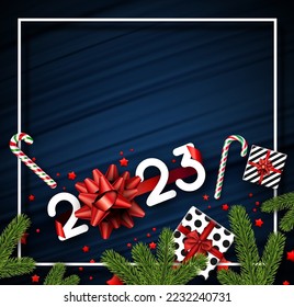 2023 sign with bow, gift boxes, candy canes, stars confetti on brush strokes background. Vector holiday illustration.