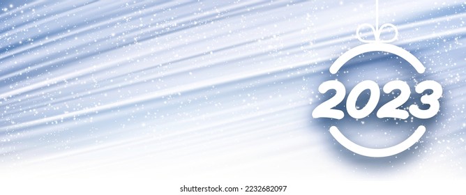 2023 sign in christmas bauble on blue brush strokes background. Space for text.