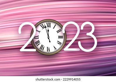 2023 sign with clock showing midnight on pink gradient brush strokes background.